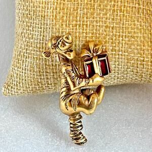 Disney Winnie the Pooh Bouncing Tigger Holding Red Package Brooch Signed